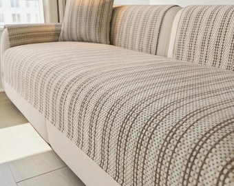 Funda de sofá de lujo en tonos neutros / Protector de sofá moderno de rayas rústicas / Funda de muebles antideslizante con textura / Decoración minimalista para sala de estar