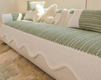 Funda para sofá con borde festoneado / Funda de sofá de felpa texturizada / Protector de sofá seccional color crema acogedor / Decoración moderna bohemia para el hogar / Mantas antideslizantes para sofá
