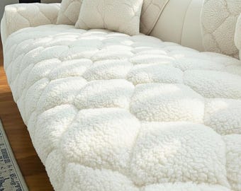 Cloud-Soft Sherpa Couch Cover | Plush Quilted Sofa Cover | Modern Neutral Home Decor | Stylish Furniture Cover | Luxury loose Cover