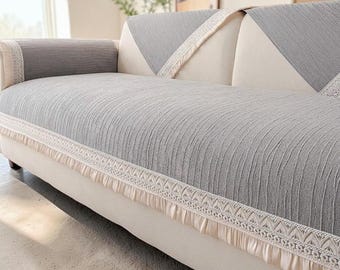 Funda de sofá de lujo con volantes y flecos / Protector de toalla de sofá nórdico elegante / Funda antideslizante de jacquard vintage / Decoración acogedora para sala de estar estilo hygge