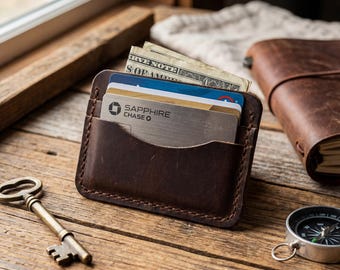 Genuine Handmade Leather Card Holder – Slim Wallet for Cards & Cash – Minimalist Credit Card Case Gift for Men Women
