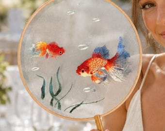Chinese Goldfish Embroidered Round Fan for Qipao Weddings, Translucent Lingjuan Artwork with Tassel
