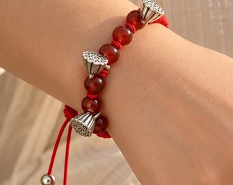 Red Agate Bracelet with Lotus Seedpod Charms, Adjustable Red Cord, Gift for New Beginnings