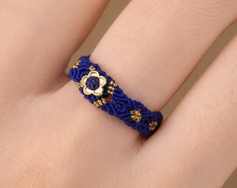 Blue Macrame Ring, Hand-Knotted Wax Cord Band, Gold Flower Detail, Boho Ring in US Sizes 7 or 9