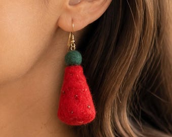 Hypoallergenic Felt Christmas Tree Earrings for Women, Red Green Holiday Party Dangles, Teacher Gift