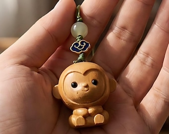Wooden Monkey Keychain, Chinese Zodiac Bag Charm, Year of the Monkey Gift, Lucky Backpack Charm