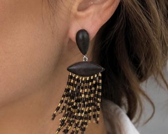 Sandalwood Beaded Tassel Earrings for Women, Black Gold Fringe Statement Jewelry for Evening Style