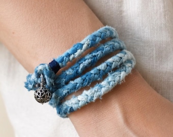 Plant-Dyed Blue Fabric Wrap Bracelet for Women, Braided Bohemian Design with Antique Silver-Tone Charm