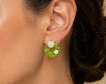 Green or Blue Translucent Beaded Hoop Earrings, Daisy Studs for Colorful Summer Vacation Styling