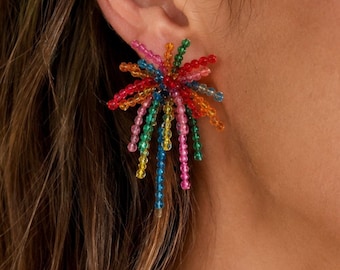 Multicolor Firework Earrings, Beaded Statement Studs for Parties, Birthdays and New Year Celebrations