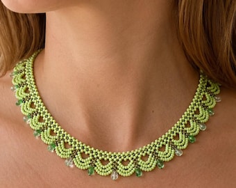 Green Seed Bead Collar Necklace, Adjustable Handwoven Bohemian Statement Jewelry, Unique Birthday Gift