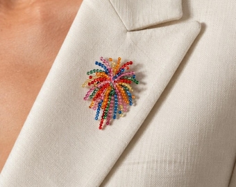 Colorful Firework Beaded Brooch for Women, Statement Blazer Pin, Birthday Celebration Gift, Unique Jewelry