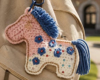 2026 Year of the Horse Bag Charm, Hand-Woven Pink-and-Blue Good-Luck Keychain, September Birthday Gift