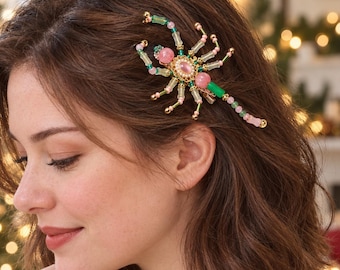 Handmade Beaded Scorpion Hair Clip in Pink and Green, Scorpio Birthday Gift for Her