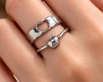 Silver Tone Apple Ring, Adjustable Open Band, Teacher Appreciation Gift, Back to School Jewelry
