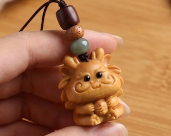 Wooden Dragon Keychain, Chinese Zodiac Lucky Charm, Phone Strap or Bag Charm, Dragon Lover Gift