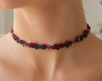 Embroidered Floral Choker Necklace, Adjustable Romantic Ribbon Jewelry for Cottagecore and Vintage Outfits