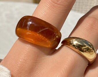 Grosse bague en résine pour femme, cadeau porte-bonheur d'anniversaire d'été empilable ambre ivoire or