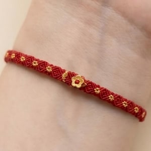 Lucky Red String Bracelet with Gold Flower Charm, Chinese Good Luck Jewelry Gift