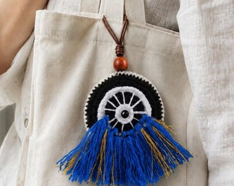 Handcrafted Crochet Evil Eye Bag Charm, Bohemian Tassel Wall Hanging, Meaningful Housewarming Protection Gift