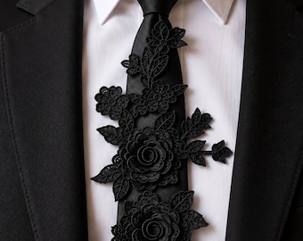 Black Rose Tie for Men, Gothic Wedding Necktie for Grooms and Groomsmen