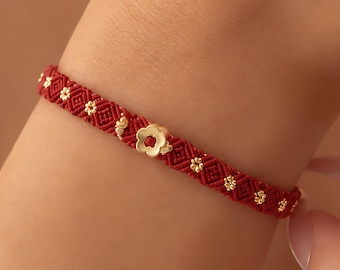 Lucky Red String Bracelet with Gold Flower Charm, Feng Shui Inspired Good Luck Jewelry