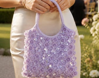 Purple Sequin Evening Bag, Handmade Floral Wedding Guest Purse, Bridesmaid Prom Homecoming Accessory