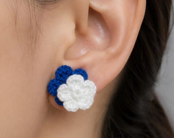 Crochet Flower Stud Earrings for Women, Handmade Wool Blooms with S925 Silver Posts