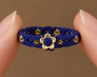 Blue Macrame Ring for Women, Handmade Wax Cord Flower Band, US Sizes 7 or 9