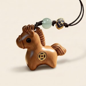 Peach Wood Zodiac Horse Phone Charm , Wooden Pendant,Protection Keychain Gift