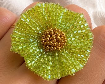 Handwoven Seed Bead Flower Statement Ring, Adjustable 22K Gold-Plated Floral Jewelry, Party Ring