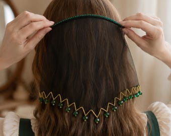 Medieval Veil Headband for Castle Weddings, Emerald Crystal Black Mesh Renaissance Bridal Hair Accessory