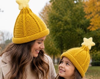 Mommy and Me Knit Hat Set, Mustard Star Beanies for Mother-Daughter Autumn Portraits