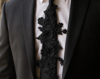 Black Rose Gothic Wedding Tie for Groom, Embroidered Floral Necktie for Alternative Ceremony Attire