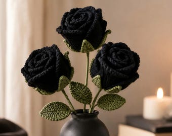 Black Crochet Roses Set of 3, Gothic Wedding Decor, Forever Flowers