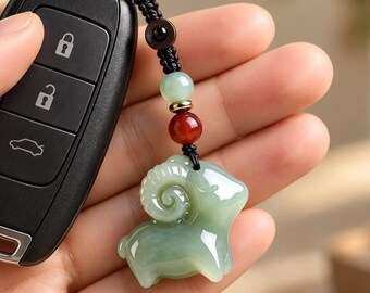 Green Stone Zodiac Sheep Charm, Lucky Ram Phone Bag Key Pendant Gift