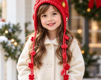 Girls Floral Knit Bonnet with Flower Ties, Ages 2–6, Cottagecore Birthday Gift
