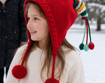 Kids Earflap Knit Hat, Red Winter Pom Hat for Children Ages 3–10