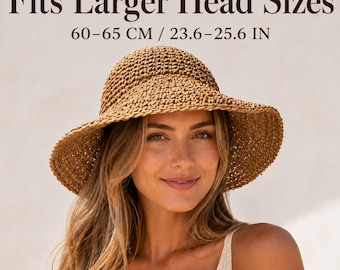 Straw Hat for Large Head Women, 23.6–25.6 Inch, Packable Summer Beach Sun Protection