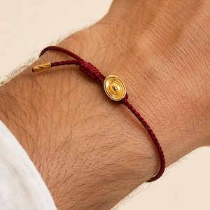 Lucky Red String Bracelet Gold Tone Charm, Handmade Cotton Linen Gift for Her Luck