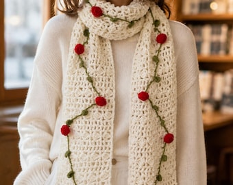 Crochet Rose Scarf, Cream Cotton Floral Cottagecore Fall Layering Gift for Women