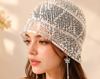 Sequin Cloche Hat with Chain, Sparkly Evening Bucket Hat, Elegant Party Headpiece for Women