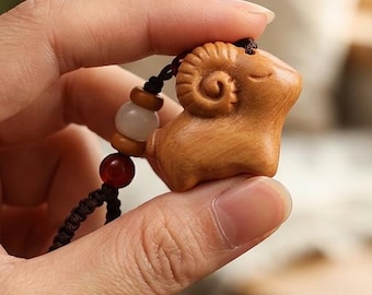 Handmade Sandalwood Sheep Keychain, 2027 Year of the Goat Gift, Chinese Zodiac Lucky Bag Charm
