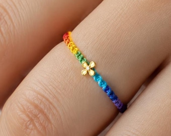 Handmade Rainbow Thread Ring for Friends, Colorful Cotton-Linen Flower Ring, Meaningful College Roommate Gift