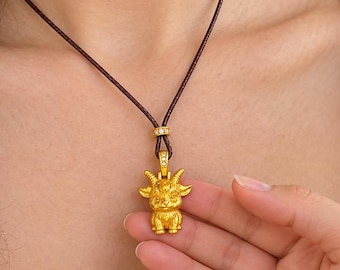 Goat Necklace on Brown Cord, Gold-Plated Copper Pendant, Chinese Zodiac Animal Gift