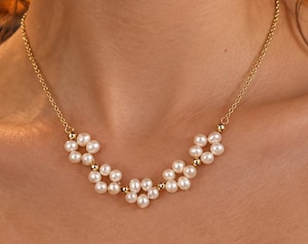Freshwater Pearl Flower Necklace, Gold Plated Floral Jewelry, Gift for Her