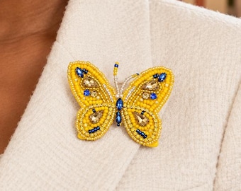 Yellow Beaded Butterfly Brooch, Embroidered Pin with Blue Accents, Christmas Gift for Mom