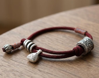 Burgundy Red Cord Charm Bracelet, Adjustable Vintage Boho Jewelry for Women, Graduation Birthday Gift