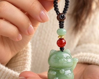Jade Lucky Cat Phone Charm or Keychain, Green Beaded Accessory for Cat Lovers