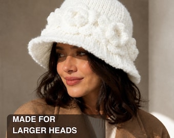 Extra Large Knitted Bucket Hat for Women, Cream Flower Cloche, Comfortable 25.6-Inch Fit